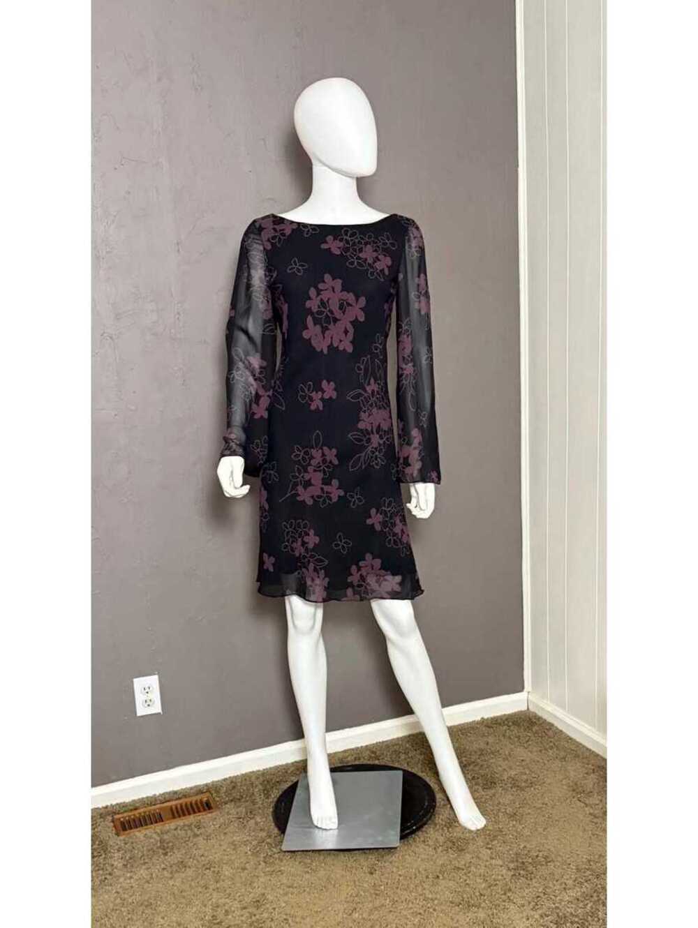 1990's Minidress Bell Sleeve Dark Floral Rayon Chiffon Bias Cut Vinta